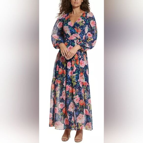 Eliza J Floral-Print Faux-Wrap Maxi Dress NWOT Size 2 Blue/Pink - Picture 1 of 5